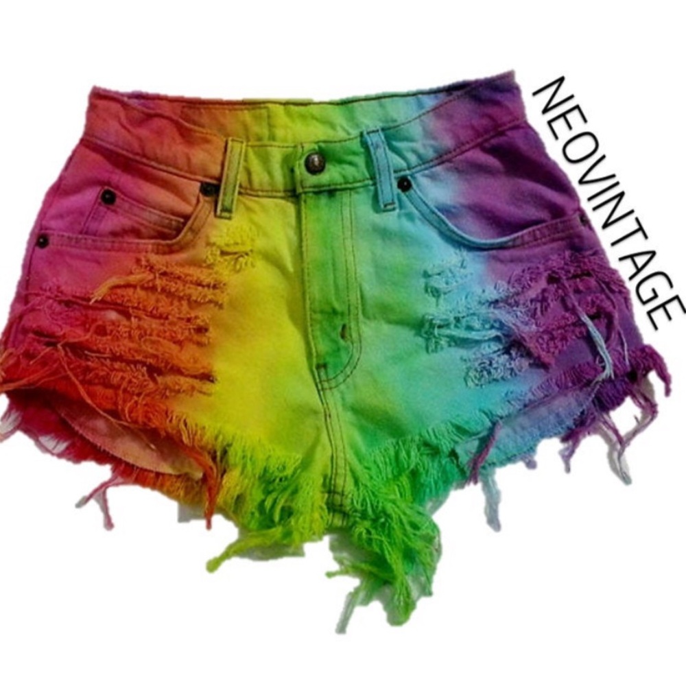 GAP tie-dye rainbow button-fly fringe jean shorts